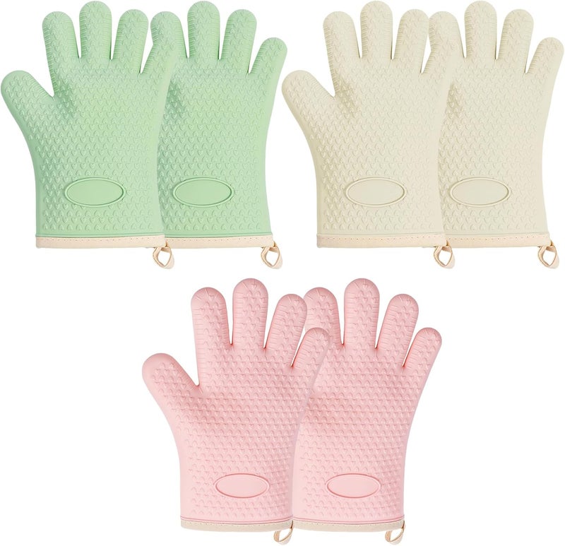 TMWEFUSC 6PCS Silicone Oven Mitts Oven Gloves with Fingers Heat Resistant Waterproof & Non-Slip for Baking Cooking Barbecue (White+Pink+Green -3 Pack) - Image 1